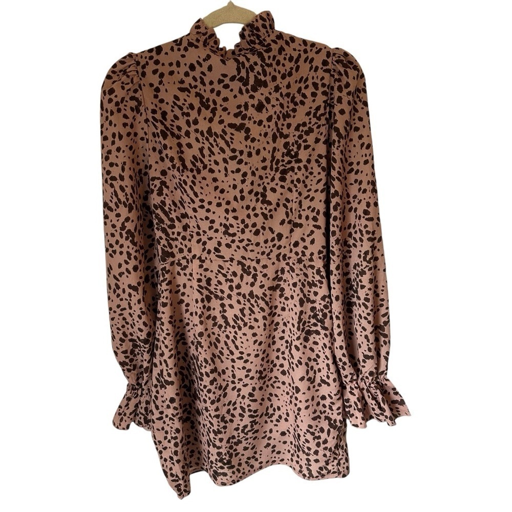 DUSTY PINK DALMATIAN TIE NECK PUFF SLEEVE WRAP SKIRT BODYCON DRESS SIZE MEDIUM - Picture 3 of 11